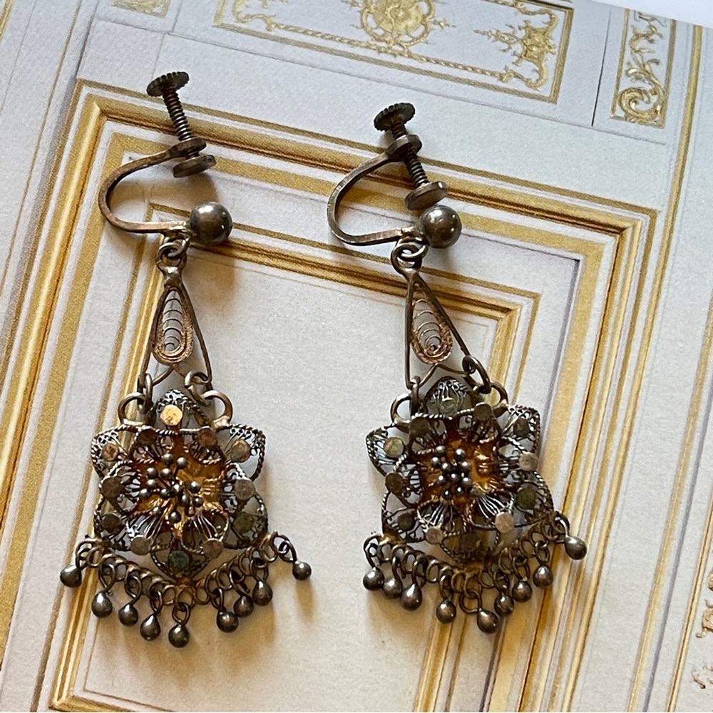 Vintage Filigree Screw Back Dangle Earrings Floral Fringe Victorian Revival Boho